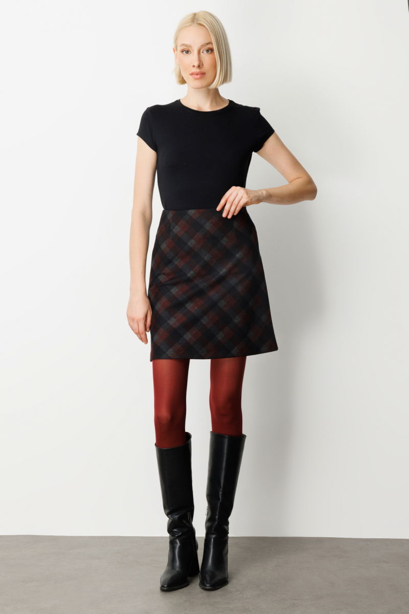 Ekol Kadın Kare Desenli Mini Etek 2043 Bordo - 2