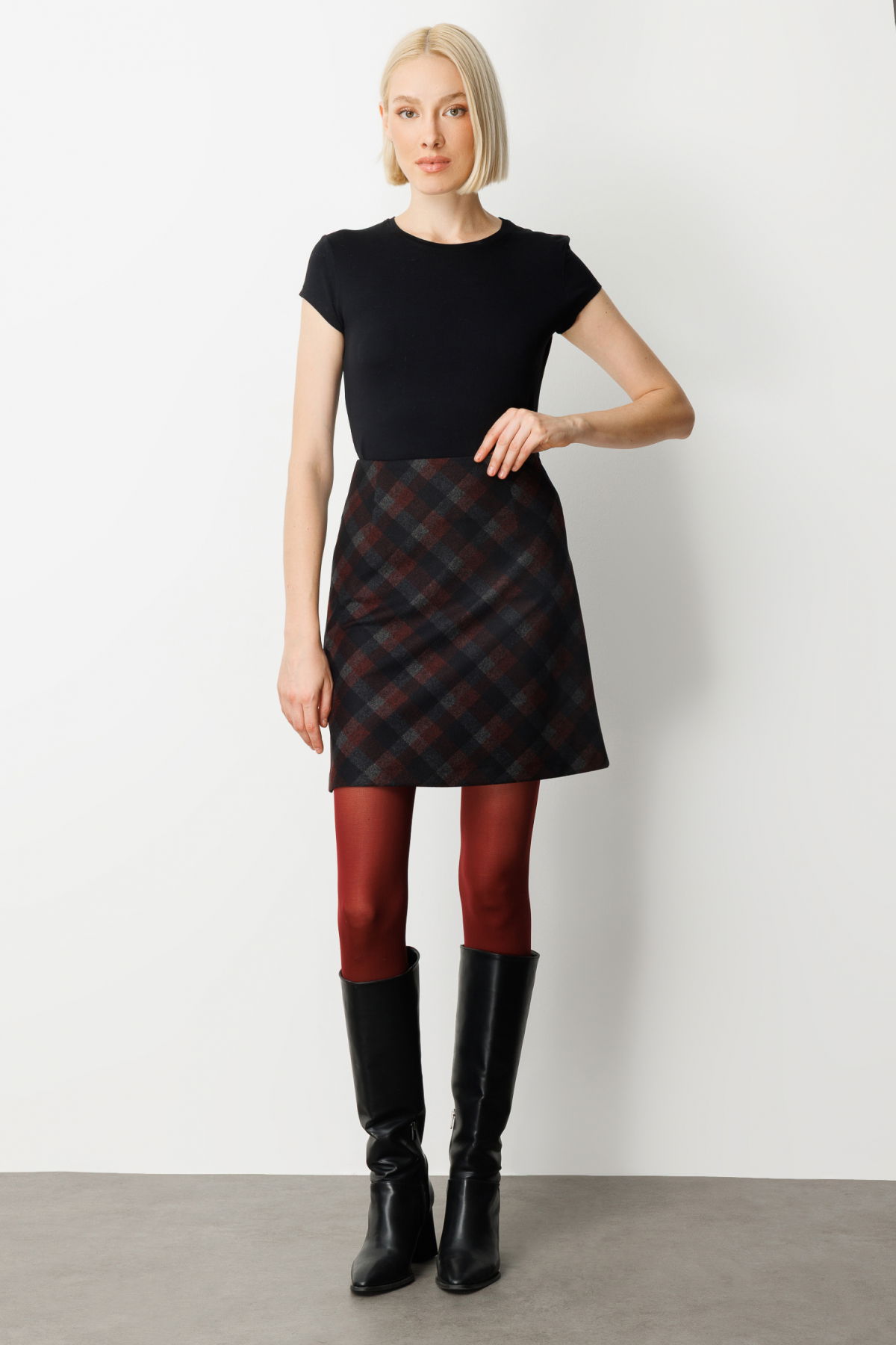 Ekol Kadın Kare Desenli Mini Etek 2043 Bordo - 2