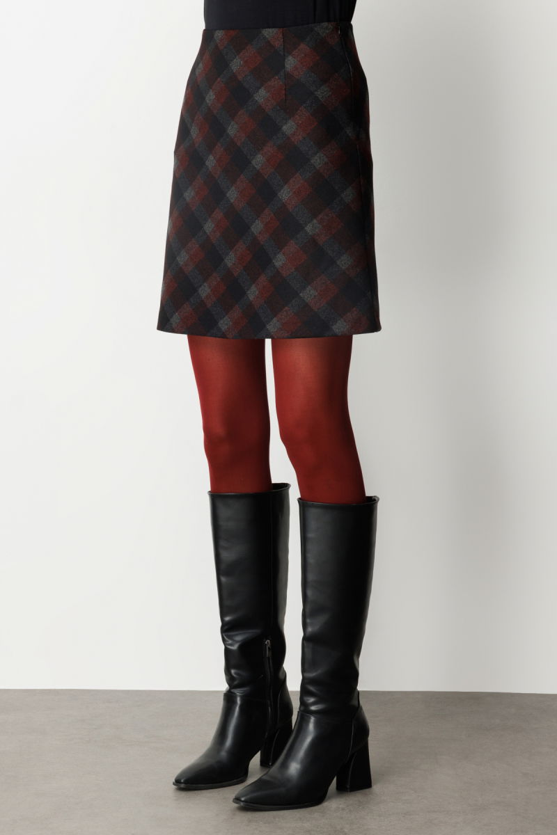 Ekol Kadın Kare Desenli Mini Etek 2043 Bordo - 3