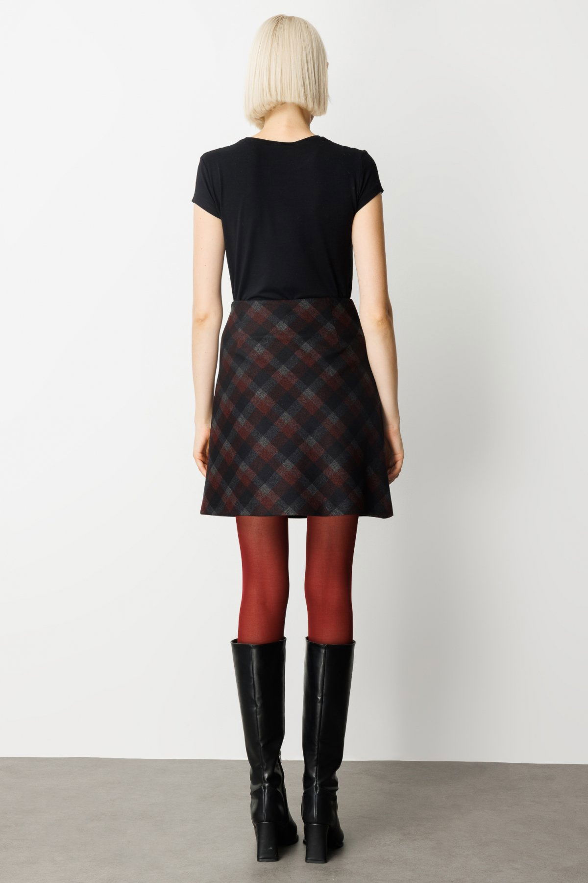 Ekol Kadın Kare Desenli Mini Etek 2043 Bordo - 4