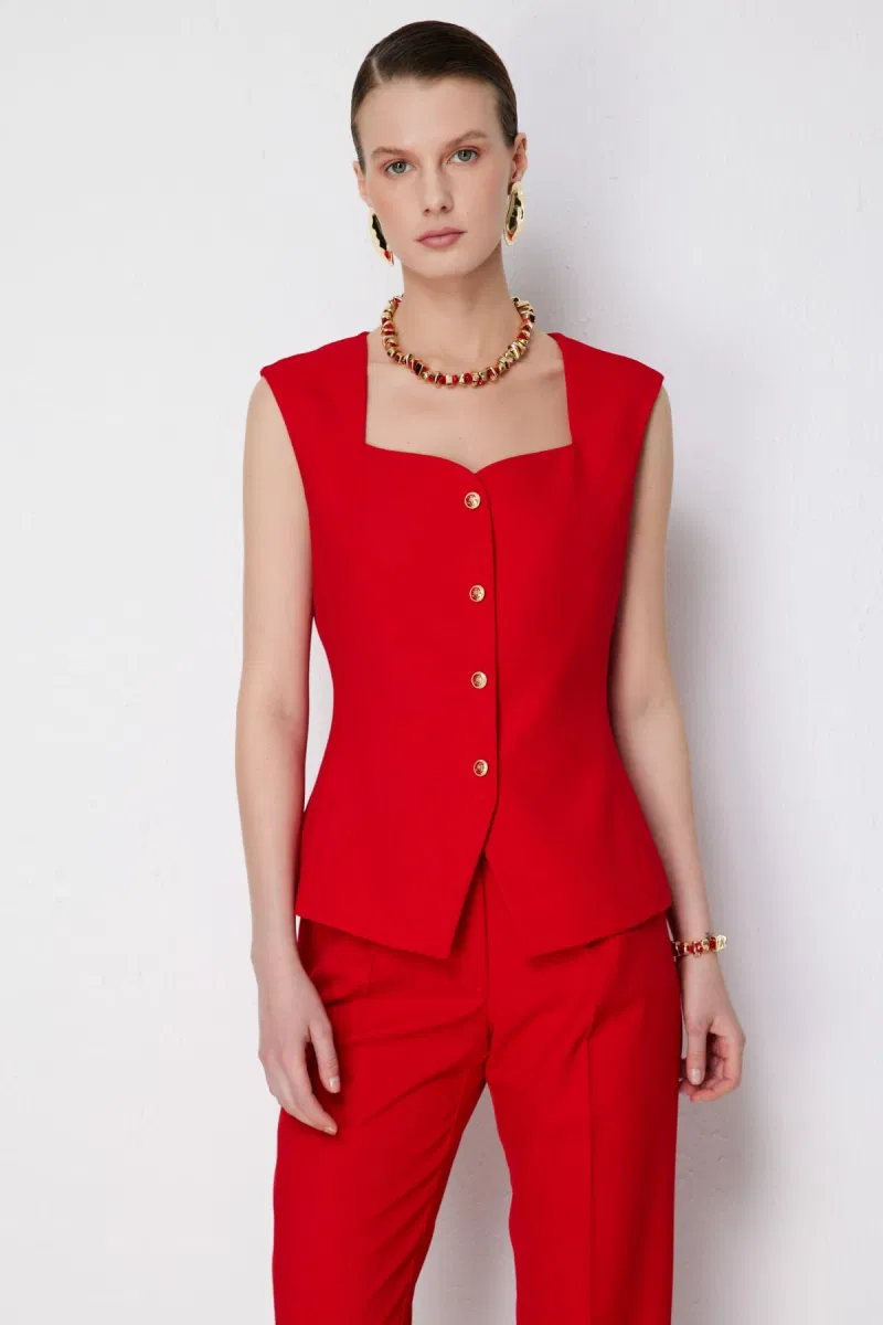 Ekol Kadın Kare Yaka Metal Düğmeli Yelek 1182 Kırmızı - Ekol