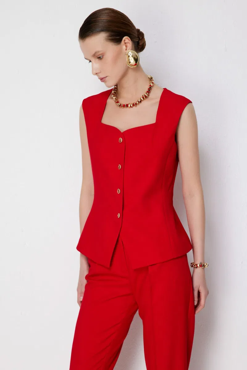 Ekol Kadın Kare Yaka Metal Düğmeli Yelek 1182 Kırmızı - 2