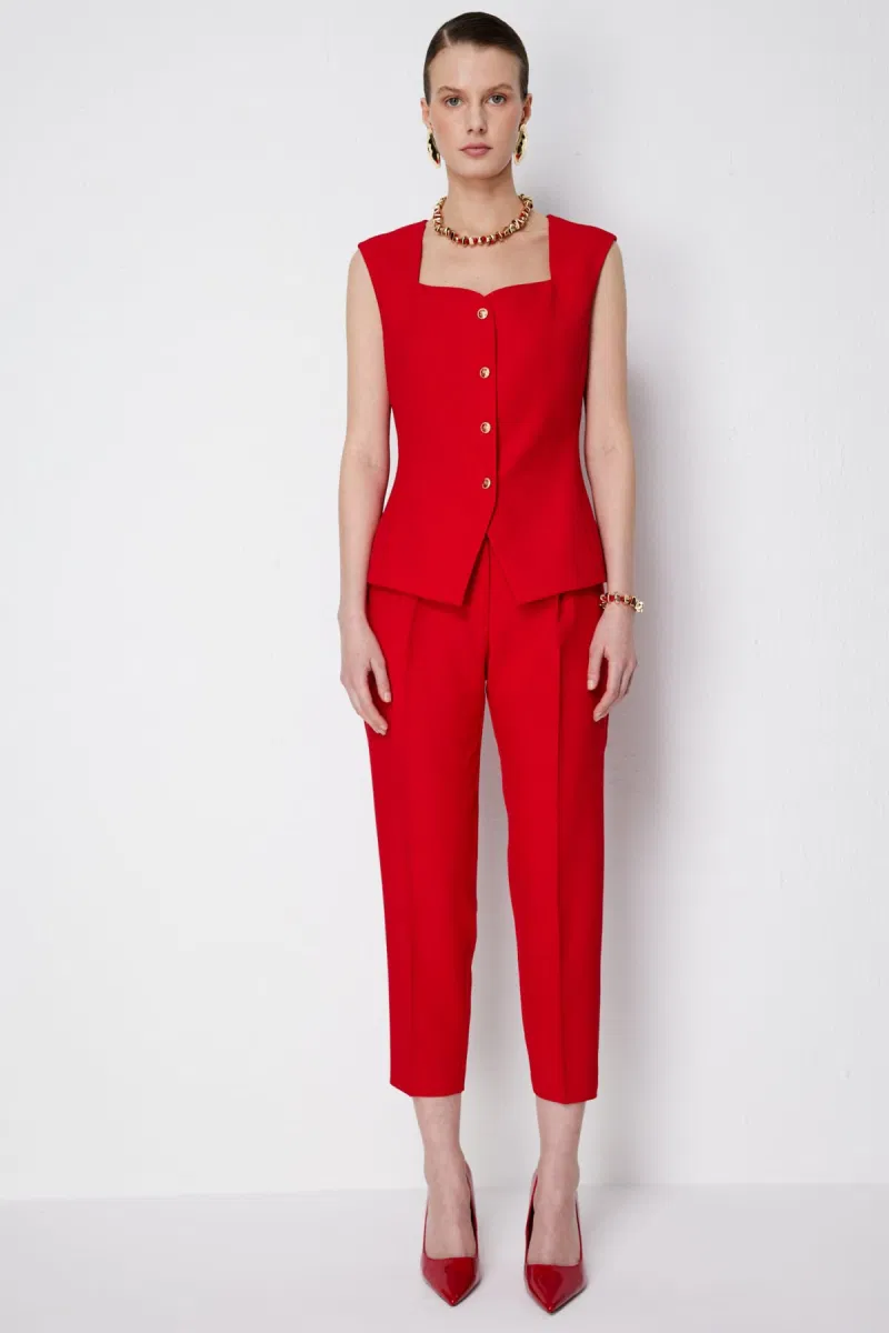 Ekol Kadın Kare Yaka Metal Düğmeli Yelek 1182 Kırmızı - 3