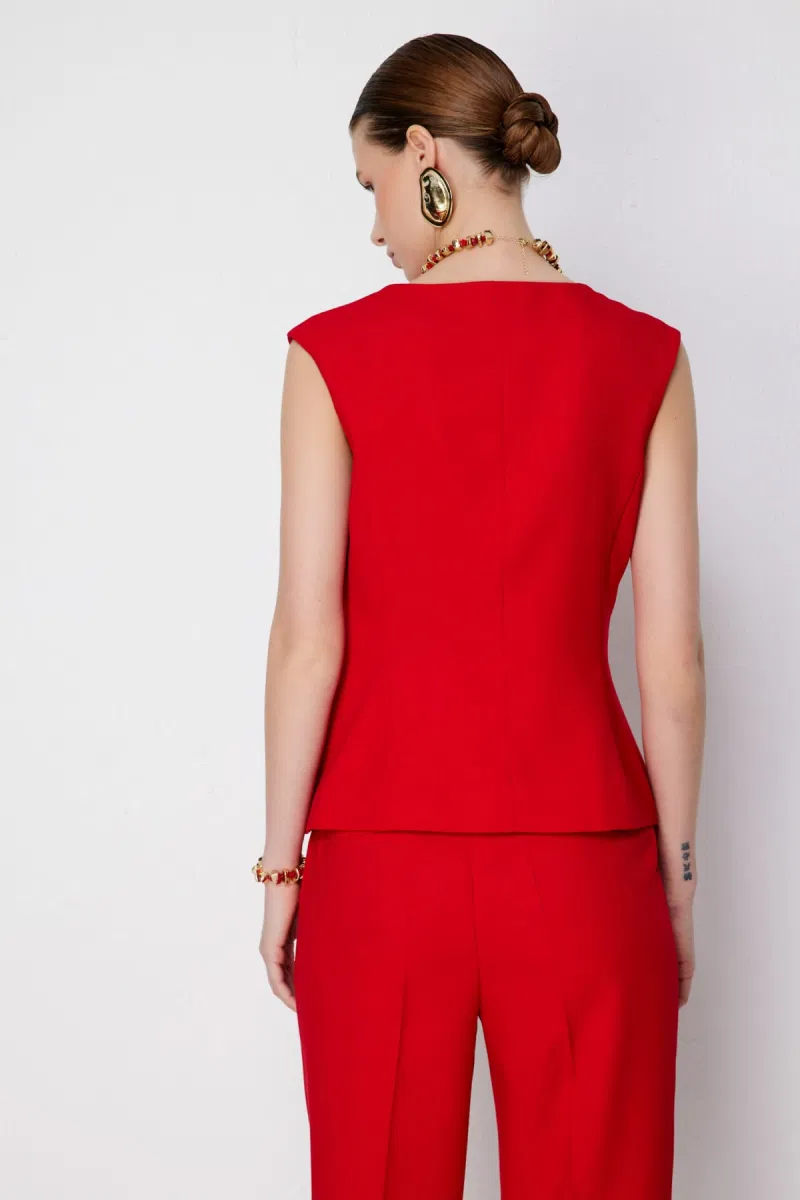 Ekol Kadın Kare Yaka Metal Düğmeli Yelek 1182 Kırmızı - 4