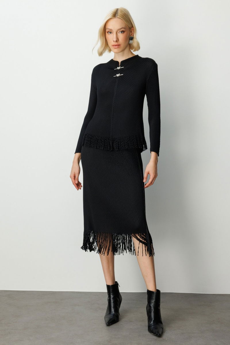 Ekol Kadın Kelebek Aksesuarlı Püsküllü Bluz 3909 Siyah 