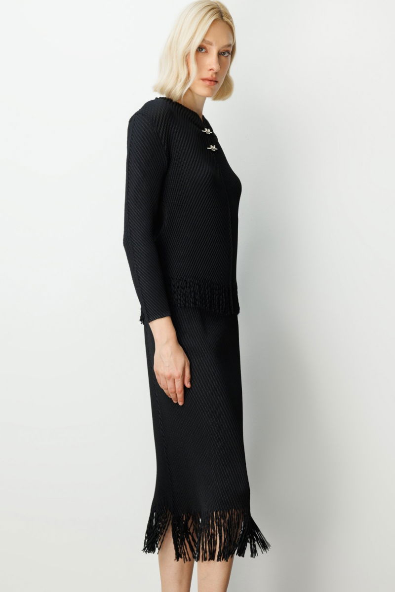 Ekol Kadın Kelebek Aksesuarlı Püsküllü Bluz 3909 Siyah - 2