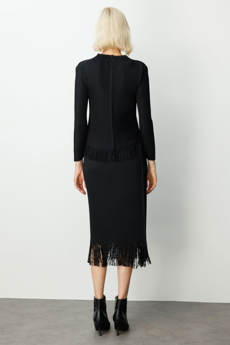 Ekol Kadın Kelebek Aksesuarlı Püsküllü Bluz 3909 Siyah - 3