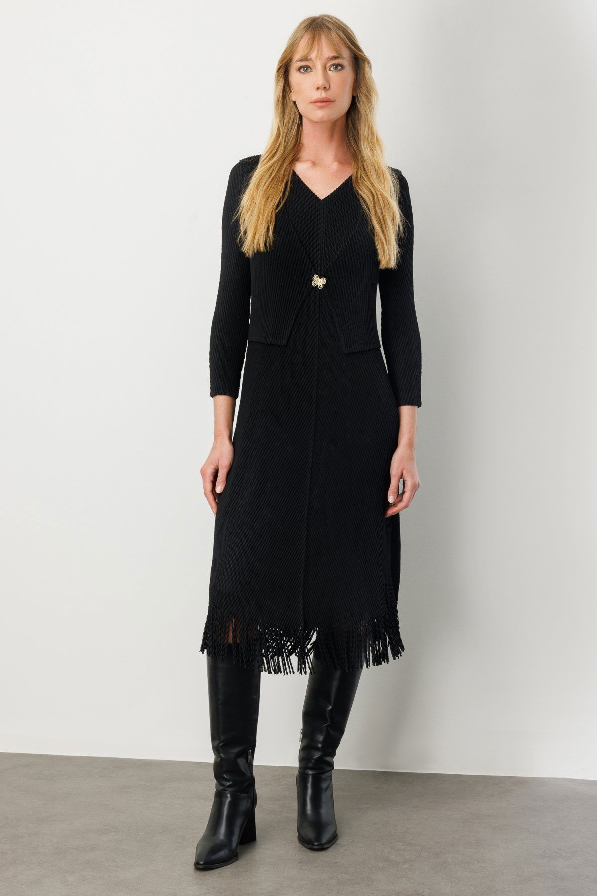 Ekol Kadın Kelebek Broşlu Püsküllü Elbise 4919 Siyah - 1