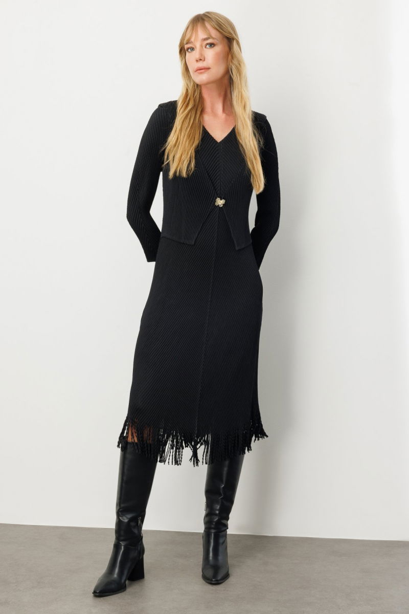 Ekol Kadın Kelebek Broşlu Püsküllü Elbise 4919 Siyah - 2