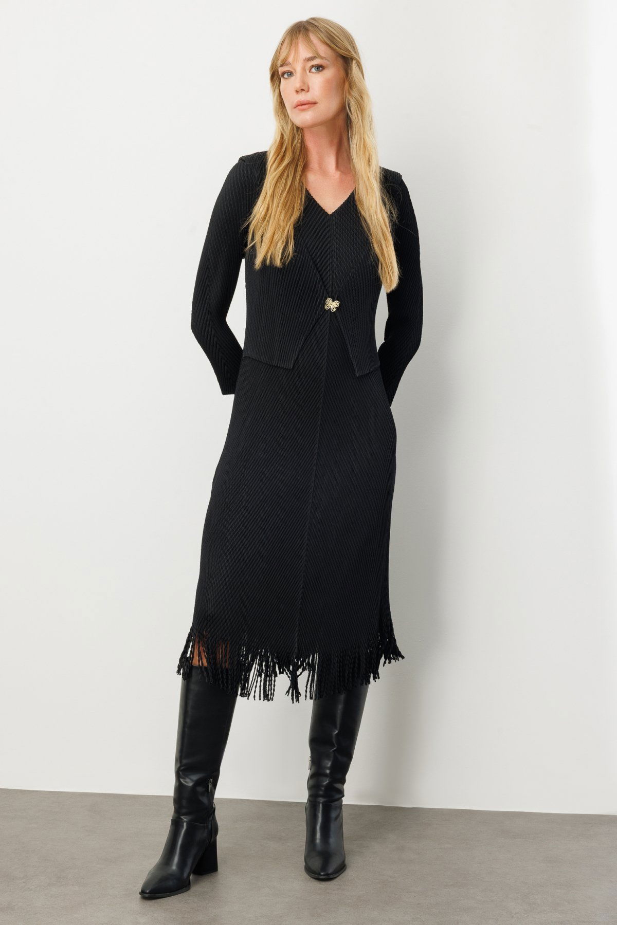 Ekol Kadın Kelebek Broşlu Püsküllü Elbise 4919 Siyah - 2