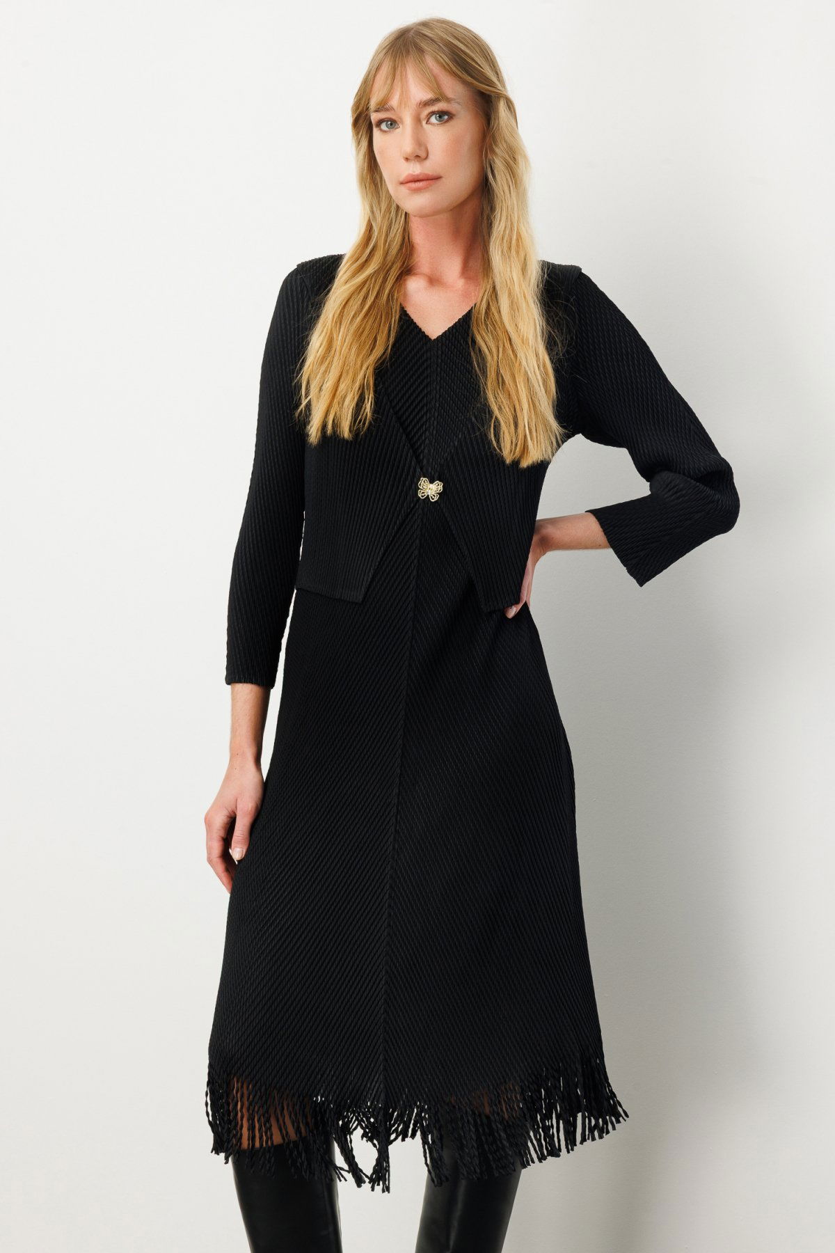 Ekol Kadın Kelebek Broşlu Püsküllü Elbise 4919 Siyah - 3