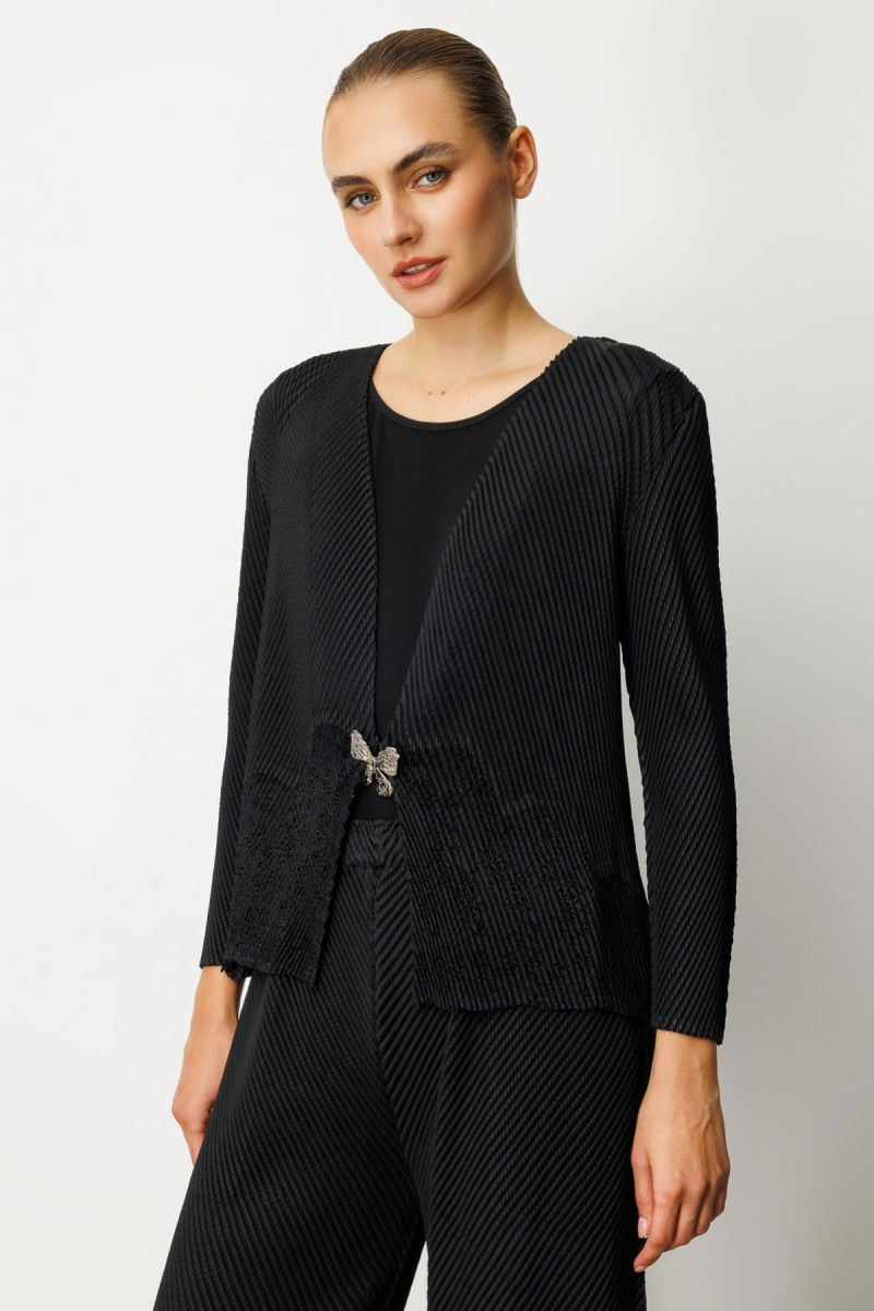 Ekol Kadın Kelebek Düğmeli Akordiyon Kumaş Hırka 5901 Siyah - 2