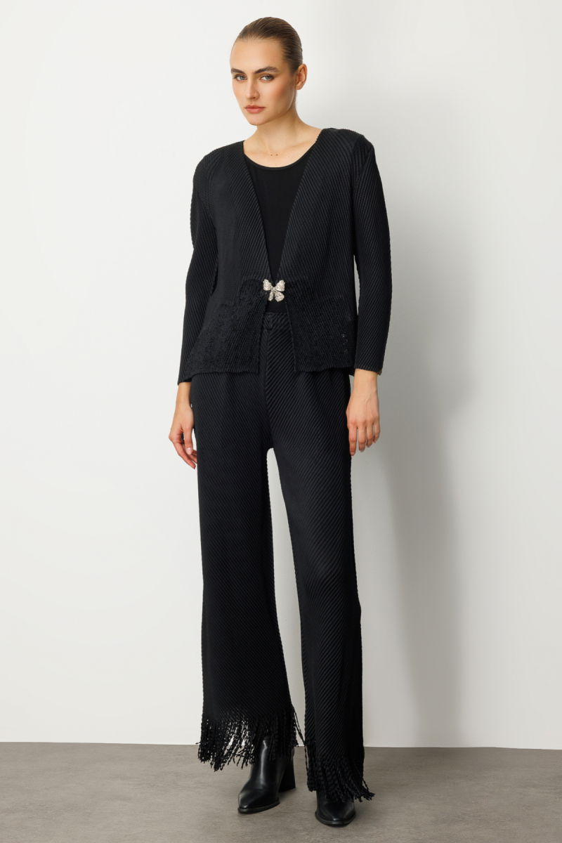 Ekol Kadın Kelebek Düğmeli Akordiyon Kumaş Hırka 5901 Siyah - 3