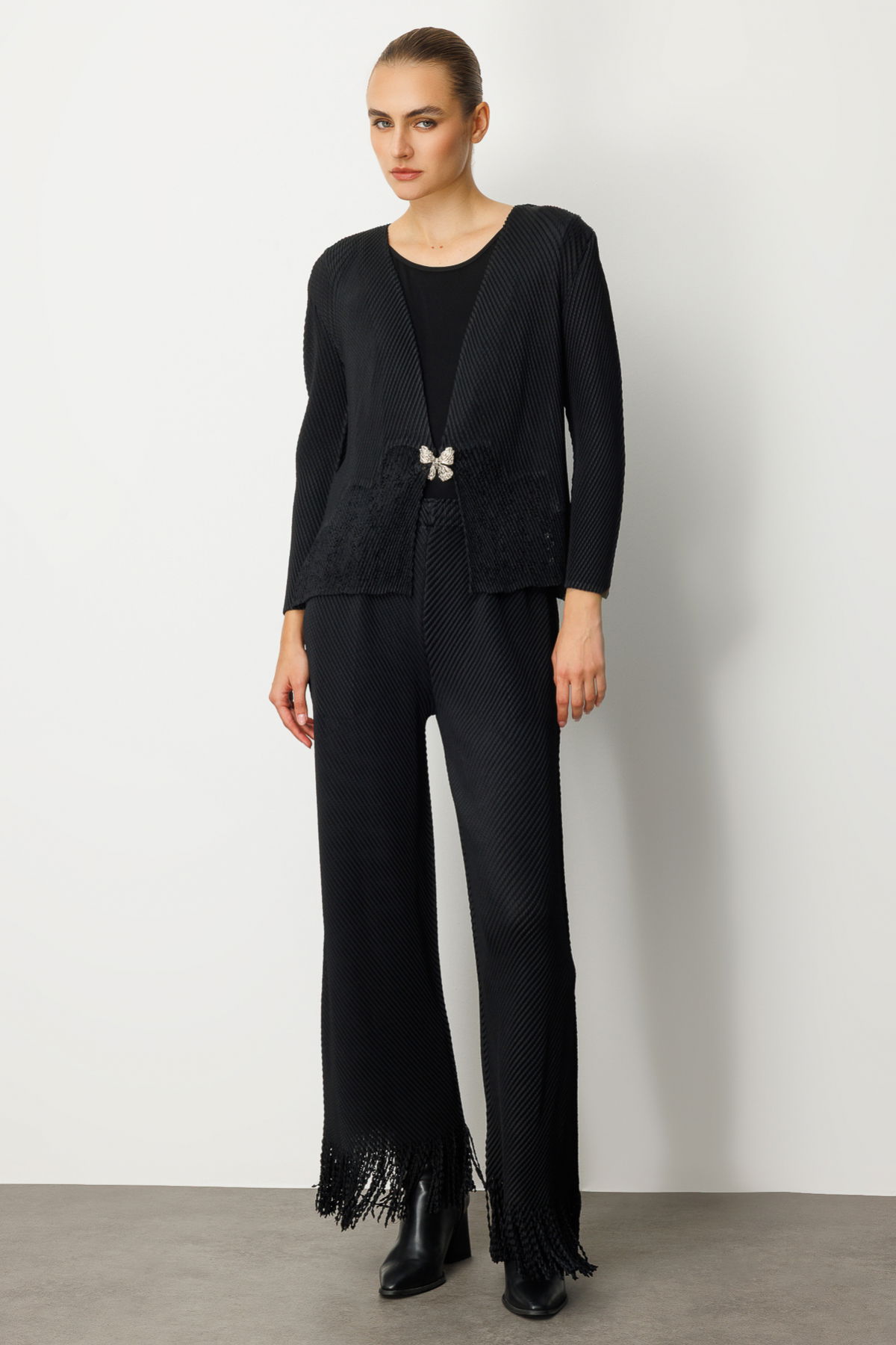 Ekol Kadın Kelebek Düğmeli Akordiyon Kumaş Hırka 5901 Siyah - 3