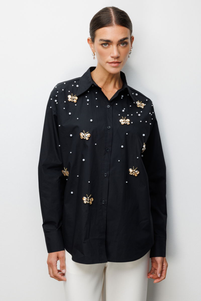 Ekol Kadın Kelebek ve İnci İşlemeli Pamuk Gömlek 2802 Siyah - Ekol