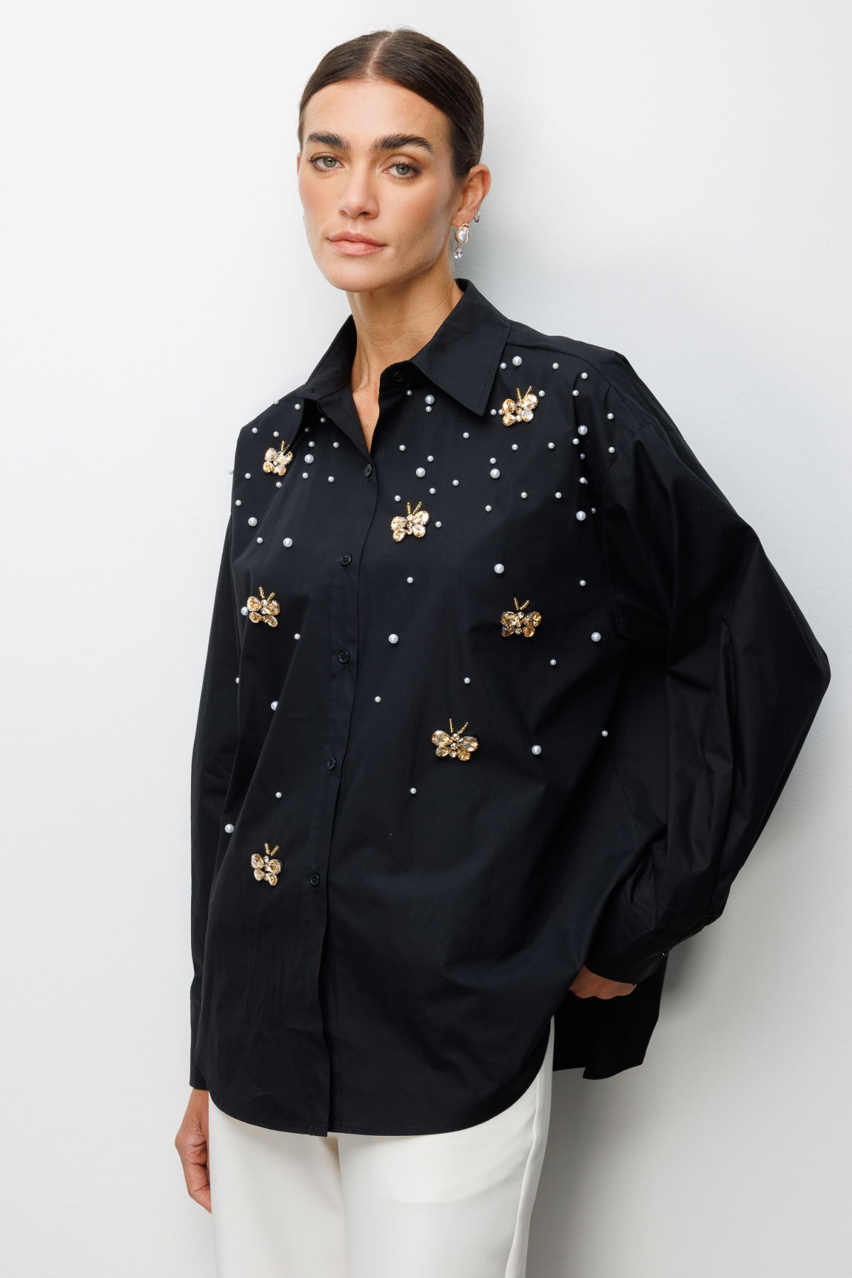 Ekol Kadın Kelebek ve İnci İşlemeli Pamuk Gömlek 2802 Siyah - 2
