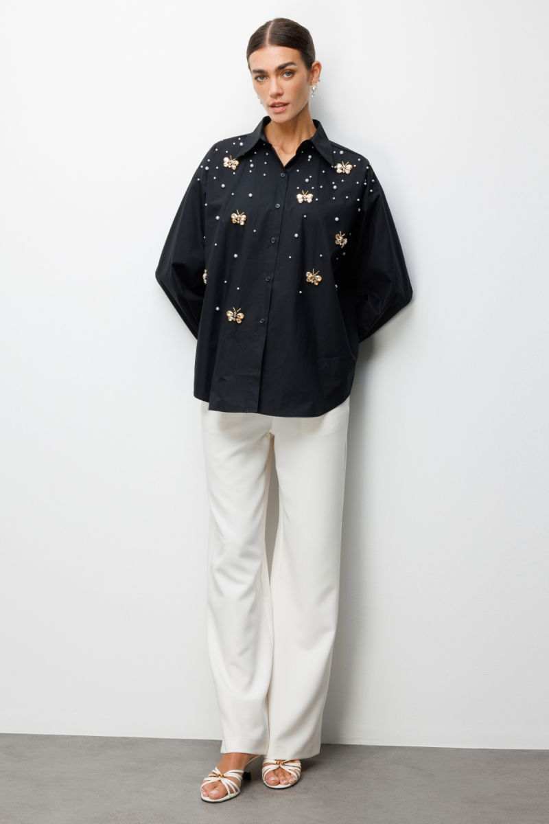 Ekol Kadın Kelebek ve İnci İşlemeli Pamuk Gömlek 2802 Siyah - 3