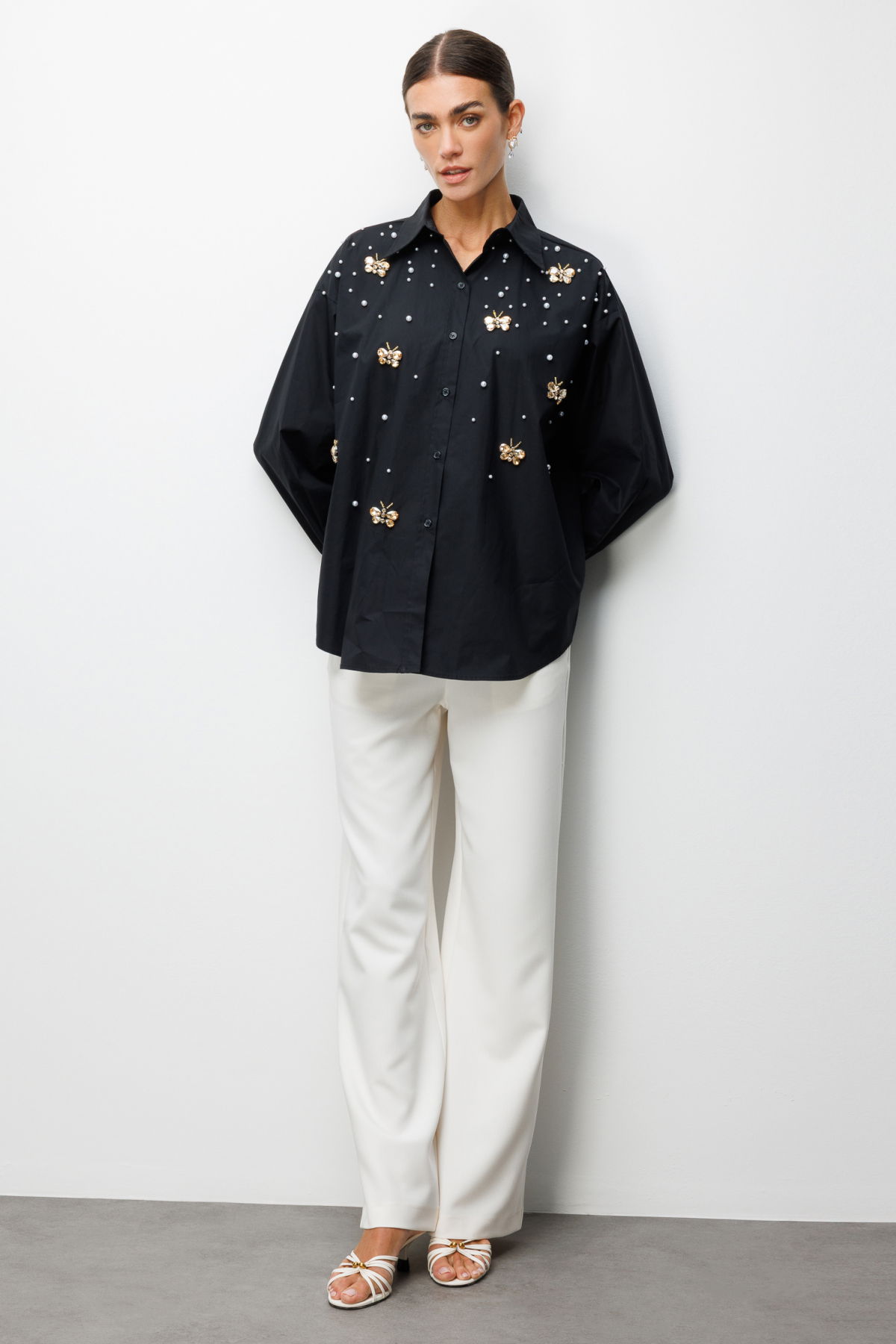 Ekol Kadın Kelebek ve İnci İşlemeli Pamuk Gömlek 2802 Siyah - 3