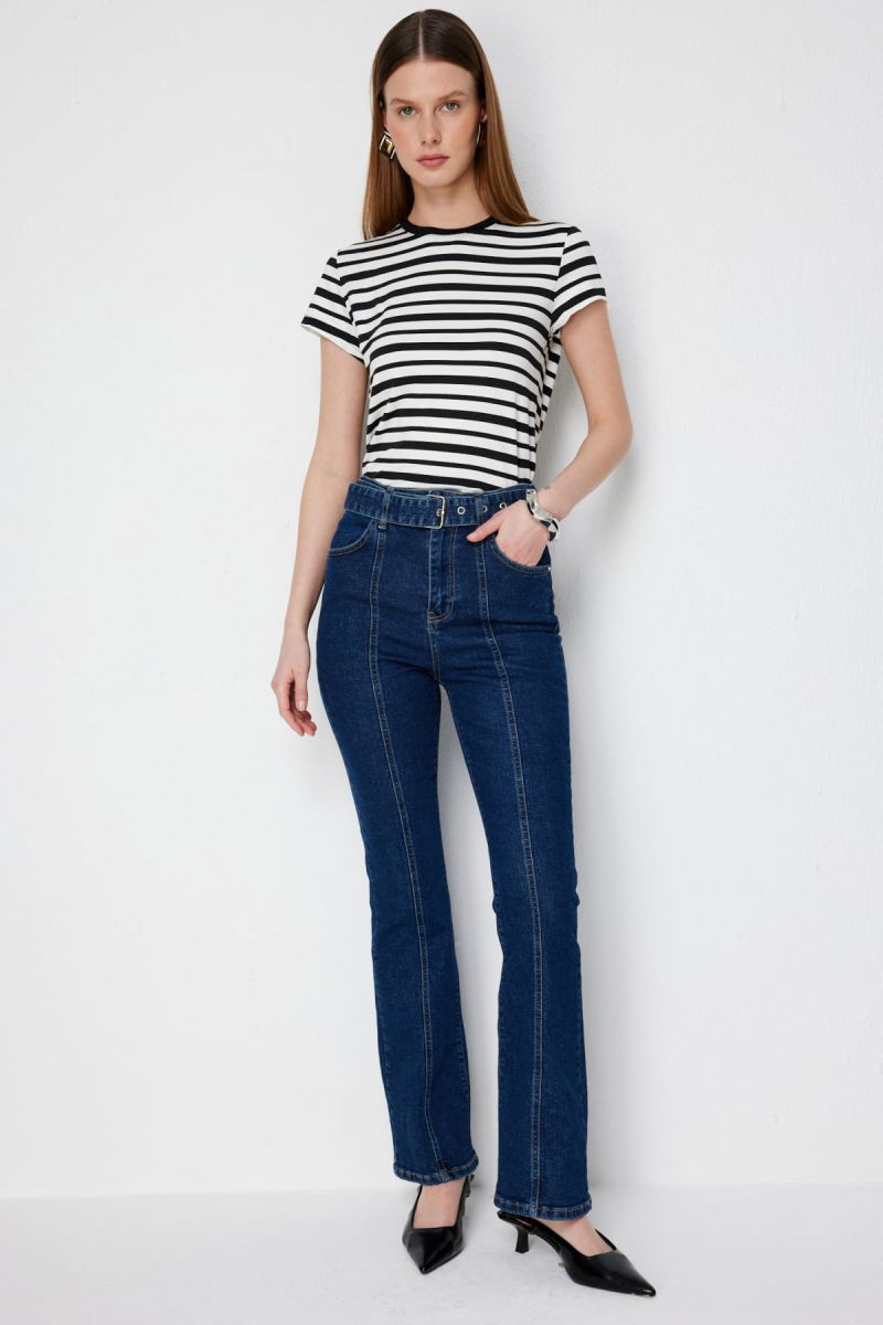 Ekol Kadın Kemerli İspanyol Paça Kot Pantolon 4152 Indigo - Ekol