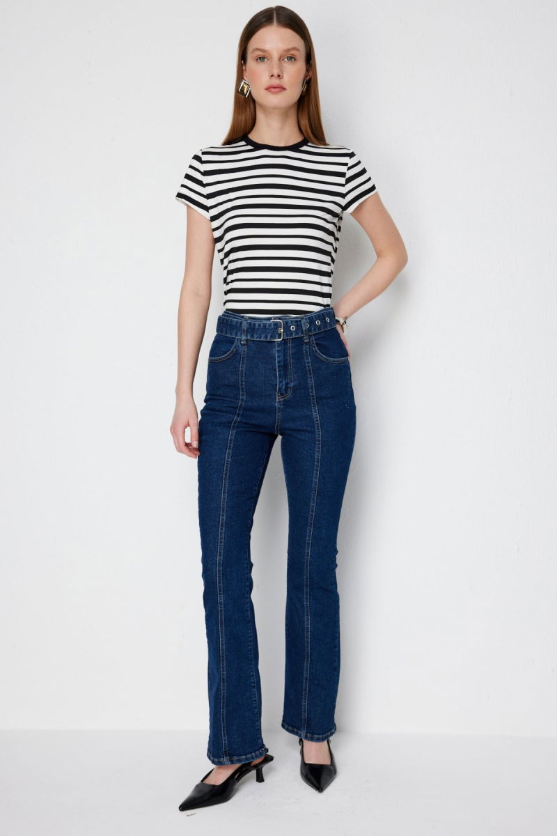 Ekol Kadın Kemerli İspanyol Paça Kot Pantolon 4152 Indigo - 2