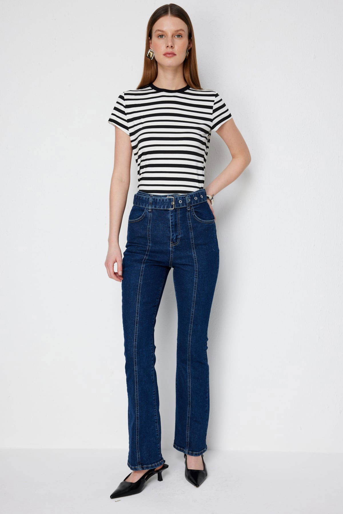 Ekol Kadın Kemerli İspanyol Paça Kot Pantolon 4152 Indigo - 2