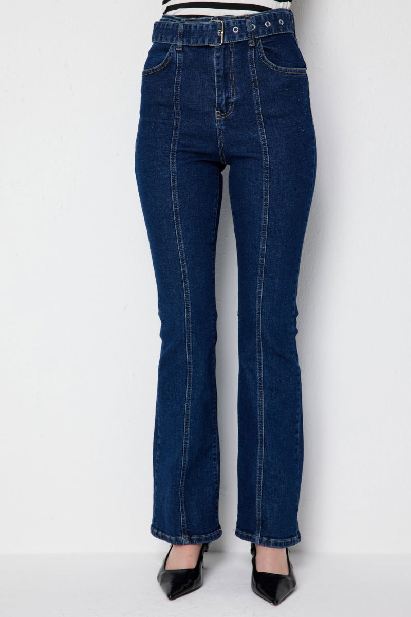 Ekol Kadın Kemerli İspanyol Paça Kot Pantolon 4152 Indigo - 3