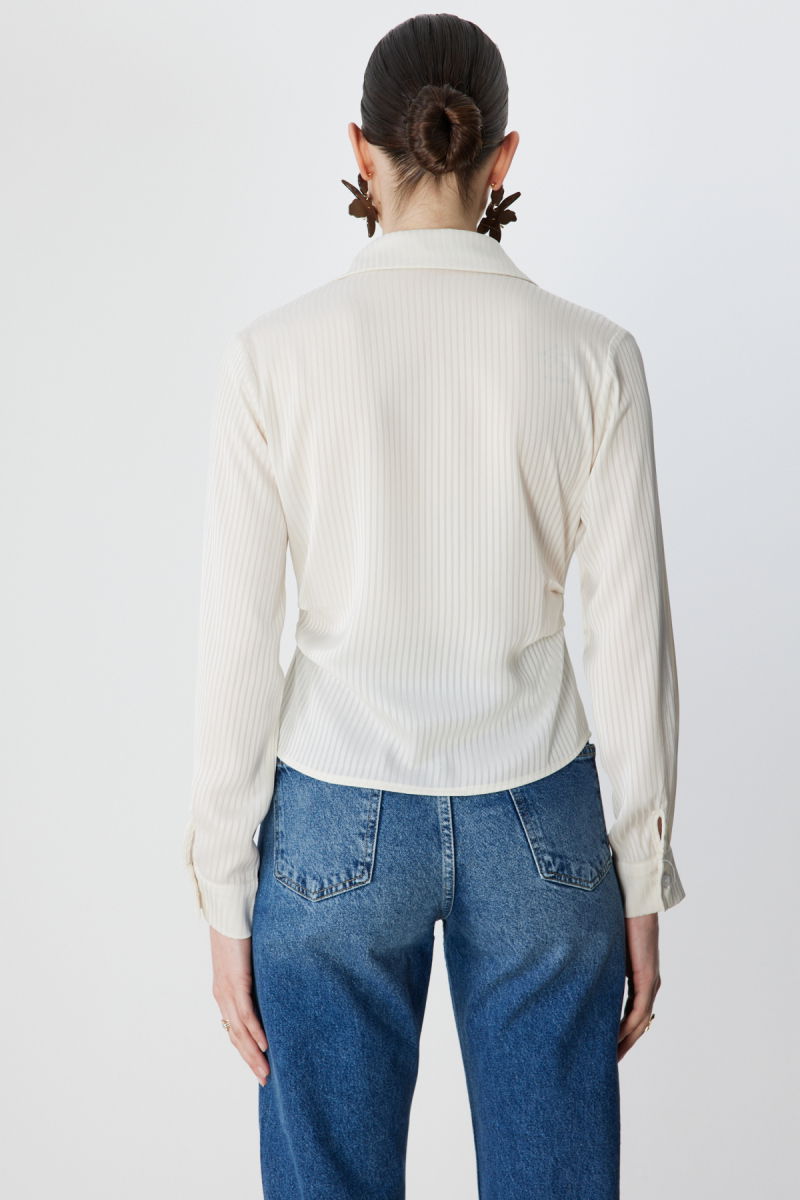 Ekol Kadın Kendinden Çizgili Kruvaze Gömlek 2826 Ekru - 4