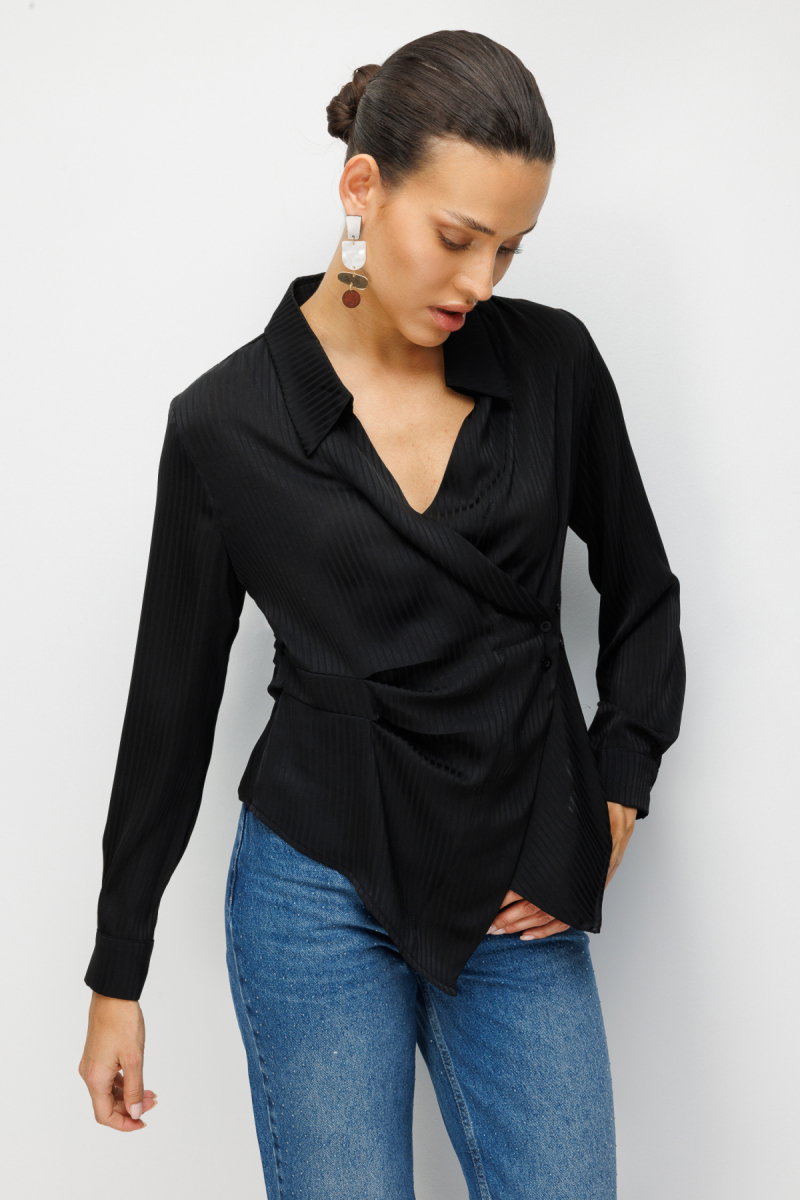 Ekol Kadın Kendinden Çizgili Kruvaze Gömlek 2826 Siyah - 2