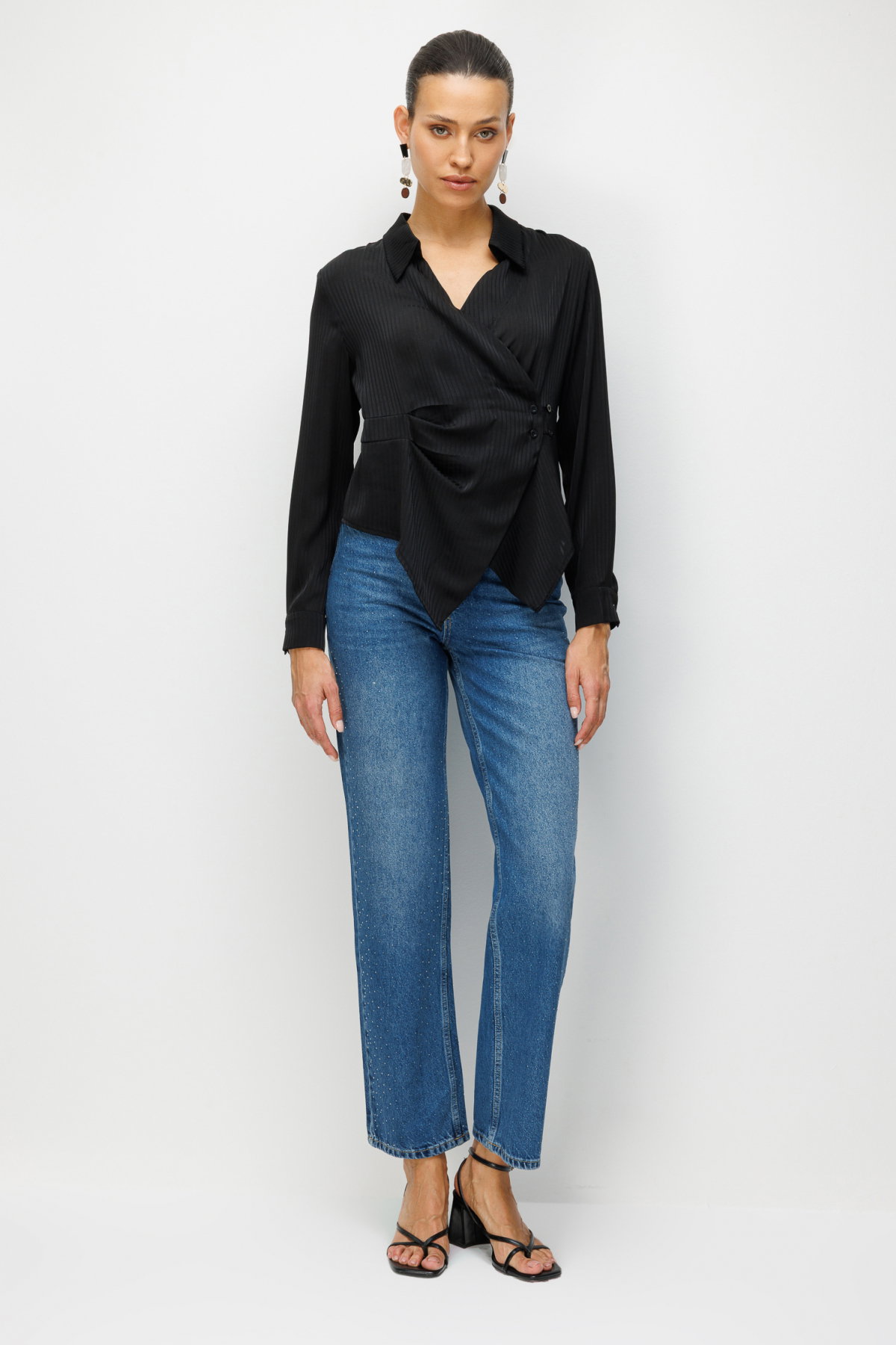 Ekol Kadın Kendinden Çizgili Kruvaze Gömlek 2826 Siyah - 3