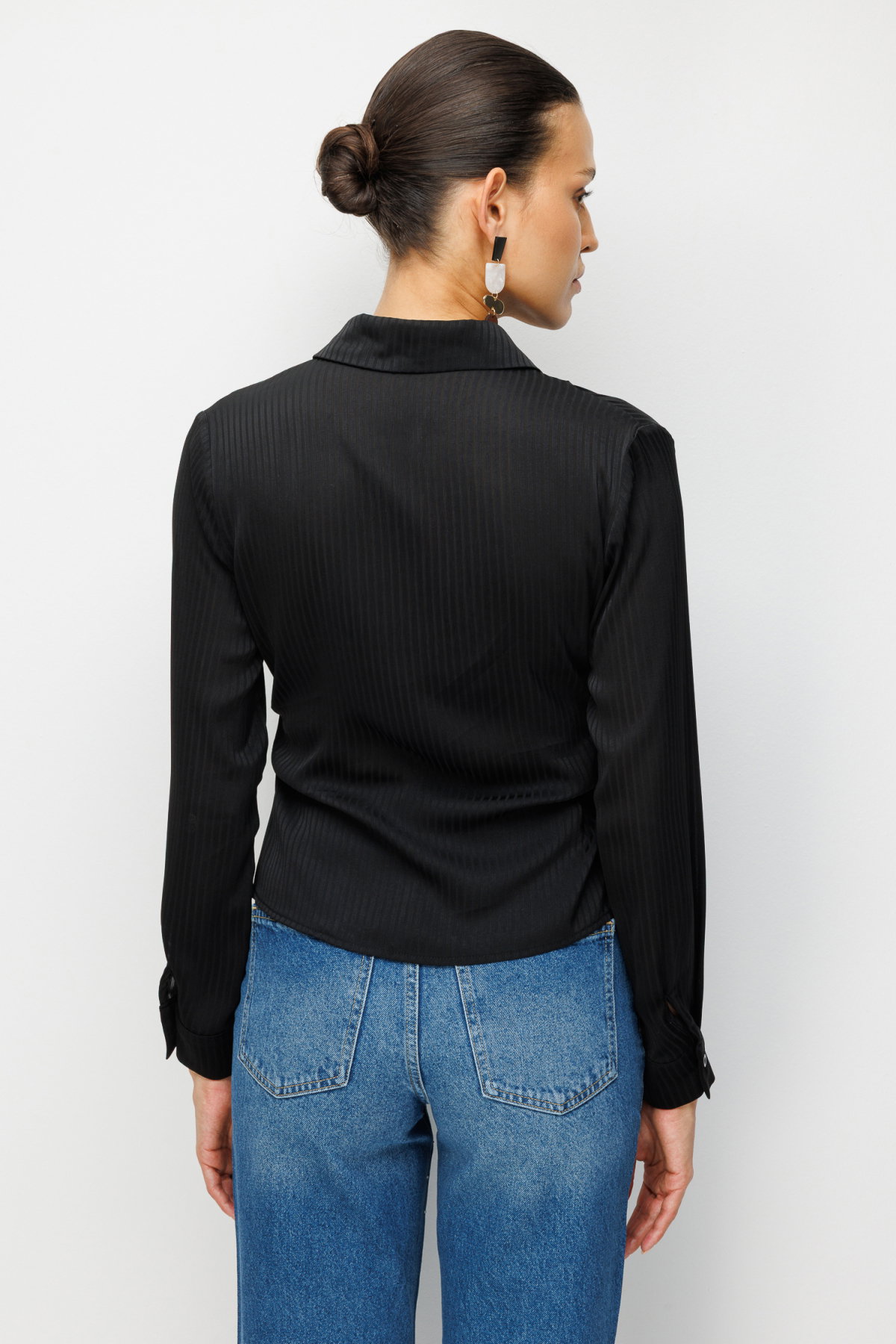 Ekol Kadın Kendinden Çizgili Kruvaze Gömlek 2826 Siyah - 4