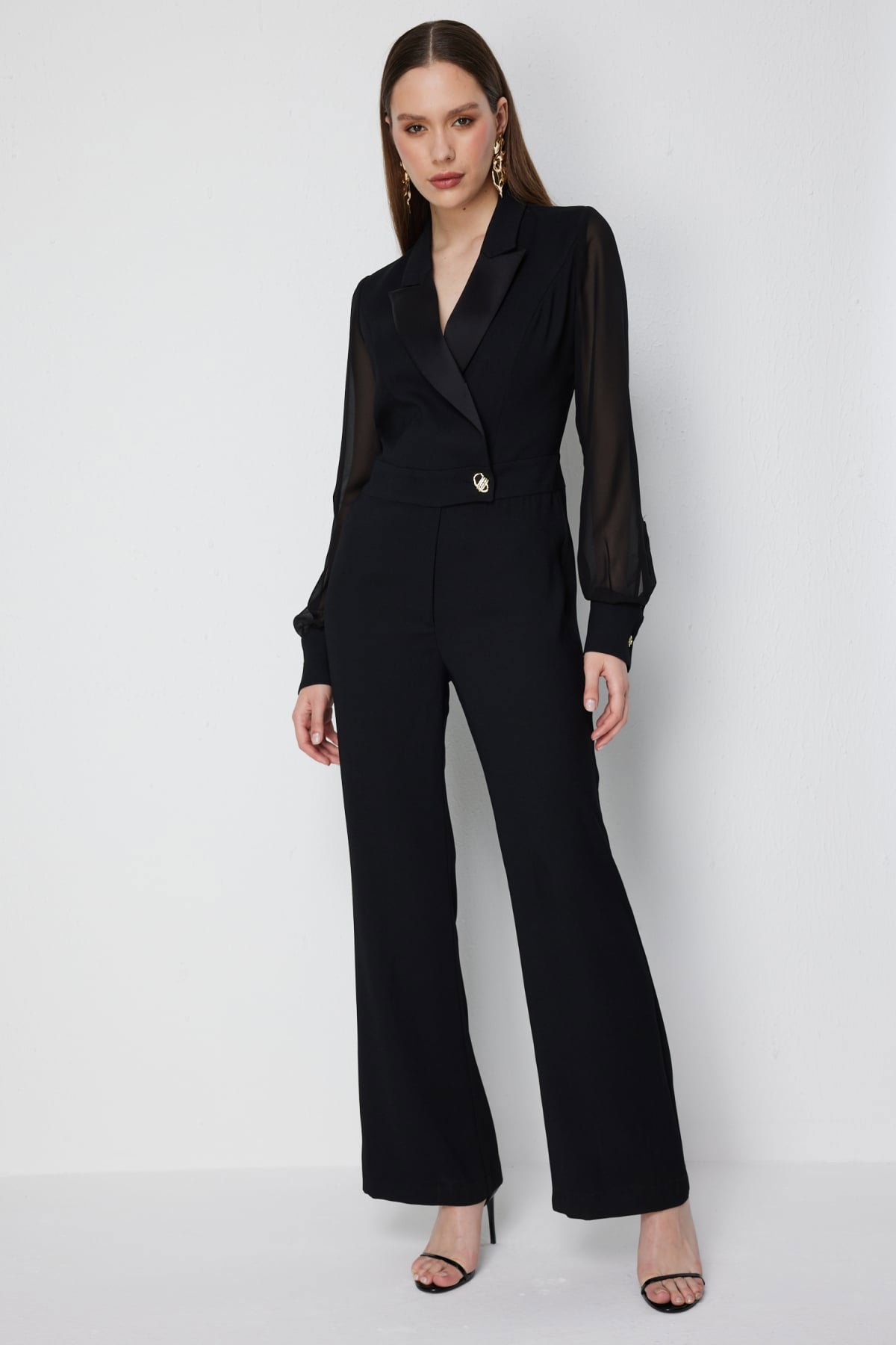 Ekol Kadın Kolları Şifon Kruvaze Yaka Tulum 6448 Siyah - 1