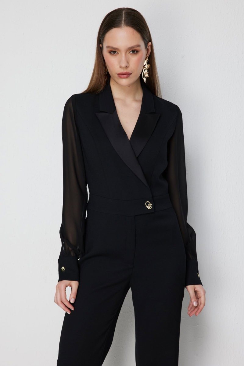 Ekol Kadın Kolları Şifon Kruvaze Yaka Tulum 6448 Siyah - 3