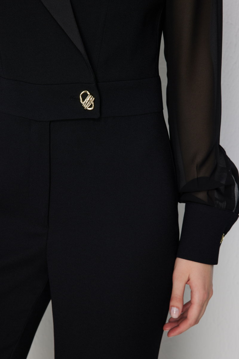 Ekol Kadın Kolları Şifon Kruvaze Yaka Tulum 6448 Siyah - 4