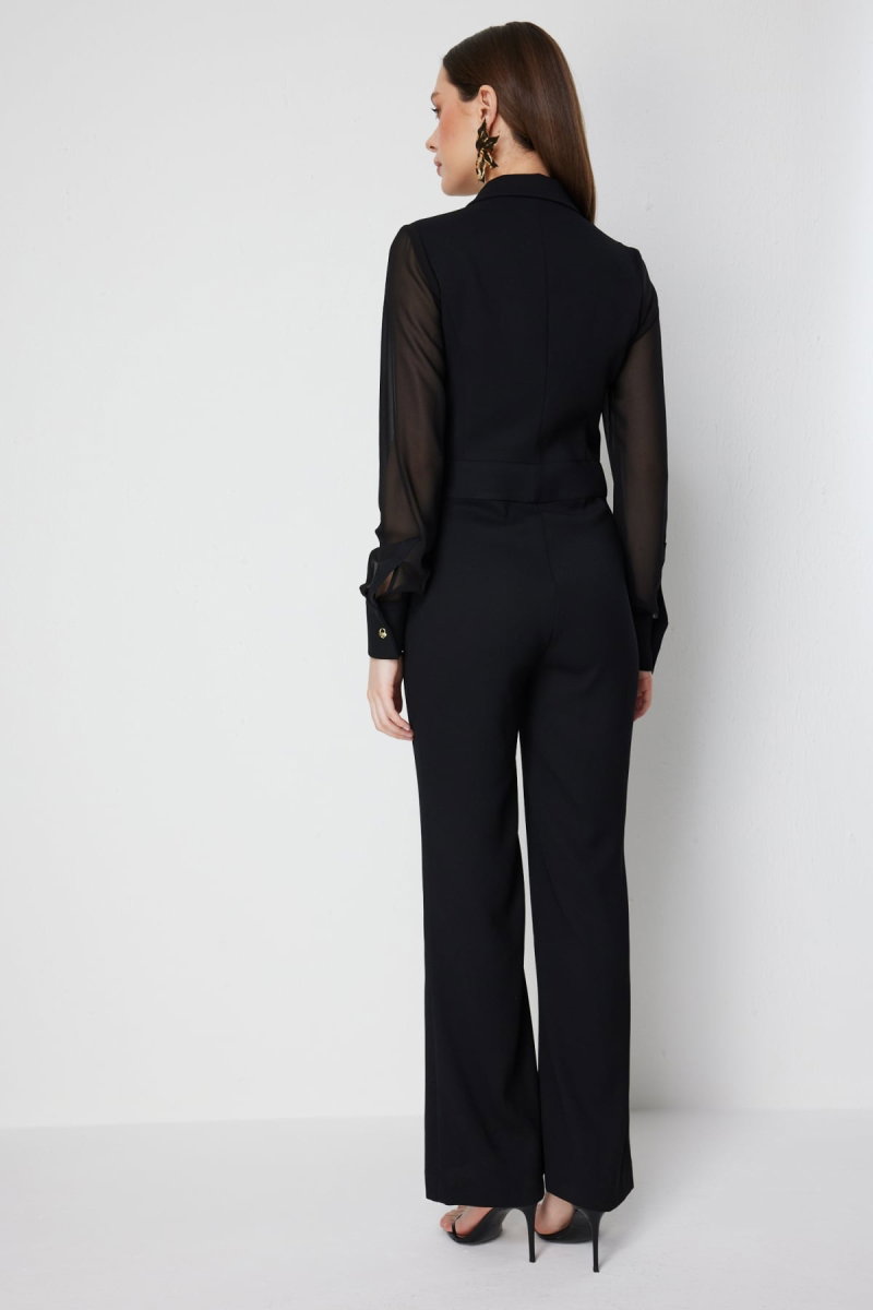 Ekol Kadın Kolları Şifon Kruvaze Yaka Tulum 6448 Siyah - 5