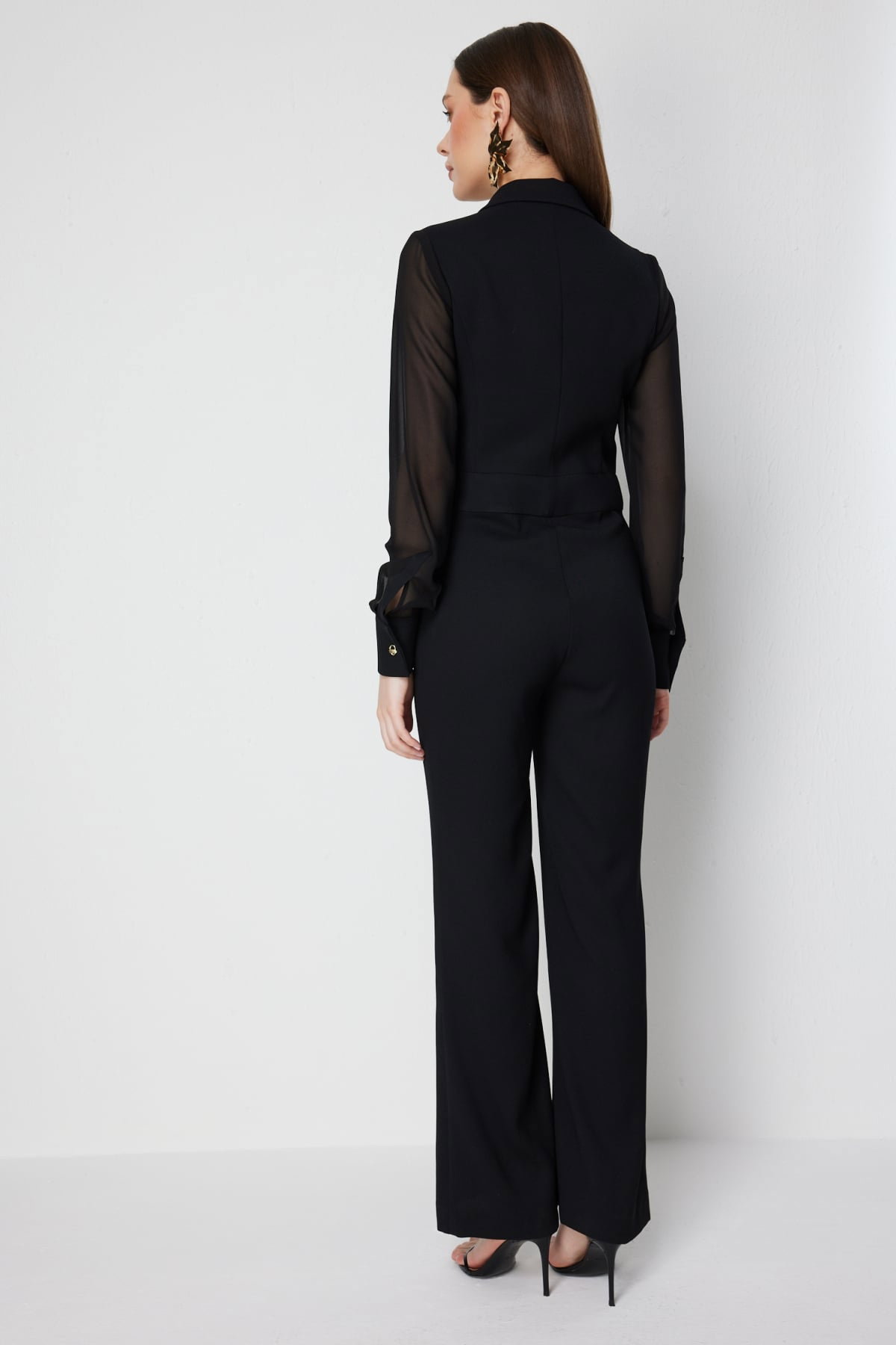 Ekol Kadın Kolları Şifon Kruvaze Yaka Tulum 6448 Siyah - 5