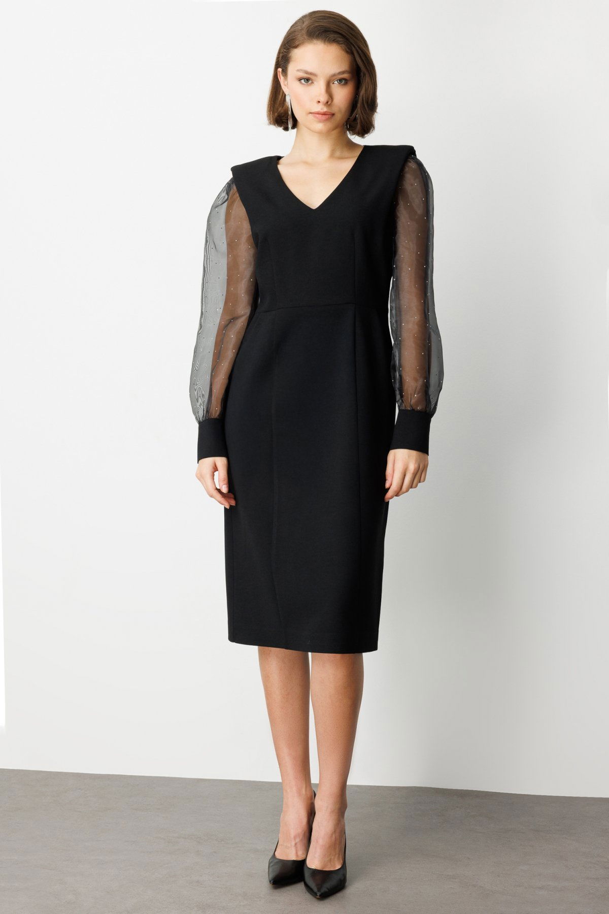 Ekol Kadın Kolları Taşlı V Yaka Midi Elbise 4025 Siyah - 1