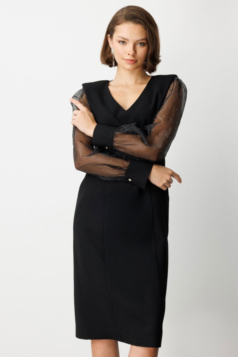 Ekol Kadın Kolları Taşlı V Yaka Midi Elbise 4025 Siyah - 2