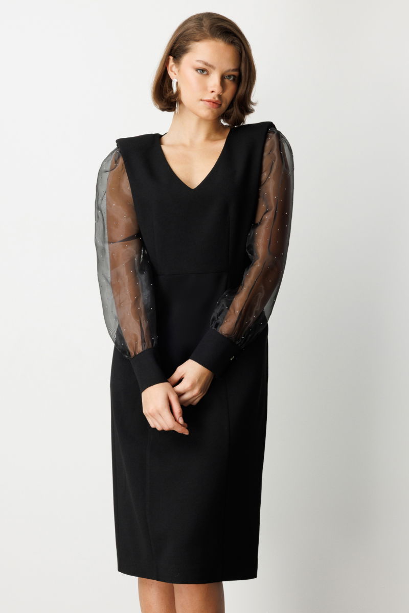 Ekol Kadın Kolları Taşlı V Yaka Midi Elbise 4025 Siyah - 3