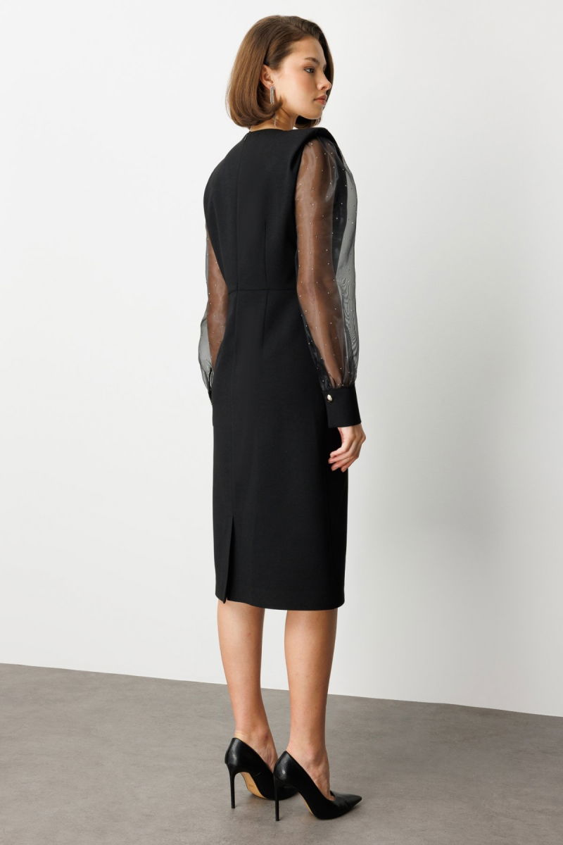 Ekol Kadın Kolları Taşlı V Yaka Midi Elbise 4025 Siyah - 4