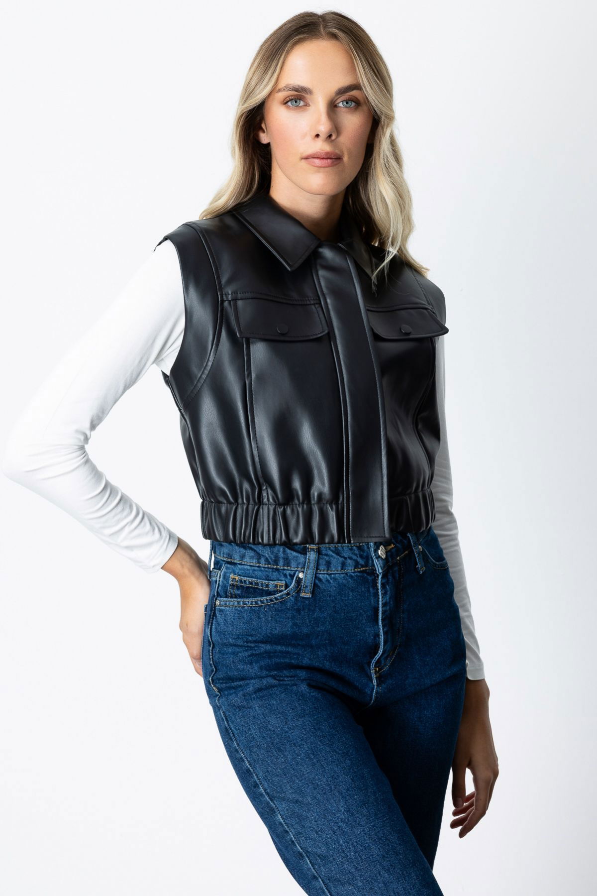 Ekol Kadın Kolsuz Deri Crop Yelek 5097 Siyah - 1