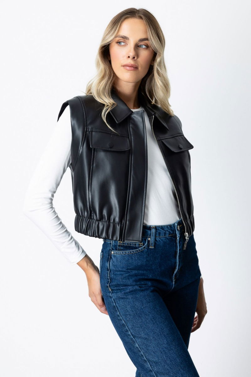 Ekol Kadın Kolsuz Deri Crop Yelek 5097 Siyah - 3