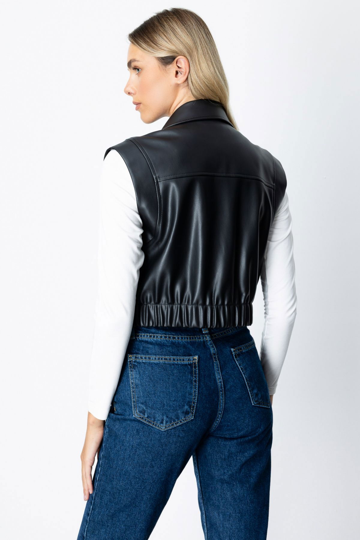 Ekol Kadın Kolsuz Deri Crop Yelek 5097 Siyah - 4