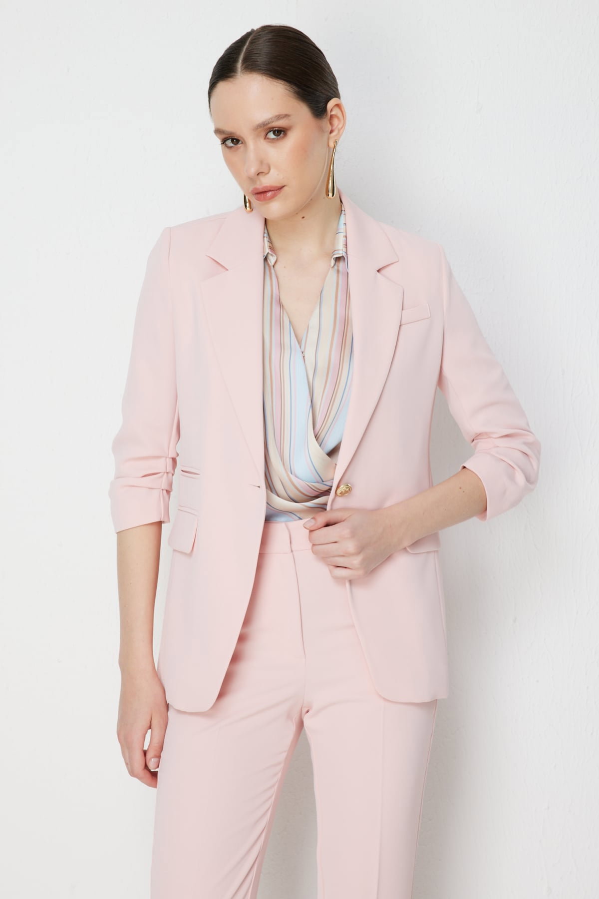 Ekol Kadın Kolu Büzgülü Kapak Cepli Ceket 1102 Pudra - 2