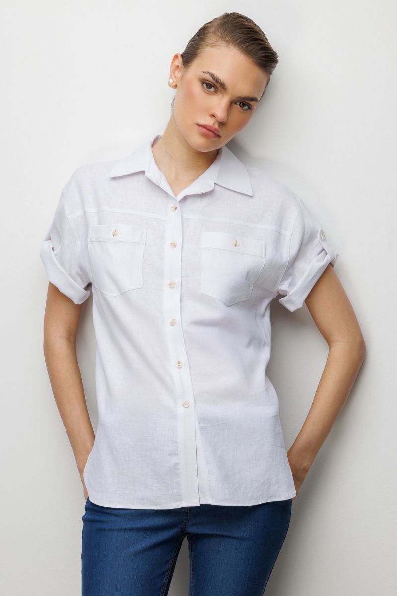 Ekol Kadın Kolu Katlamalı Keten Gömlek 2024 Ekru - Ekol