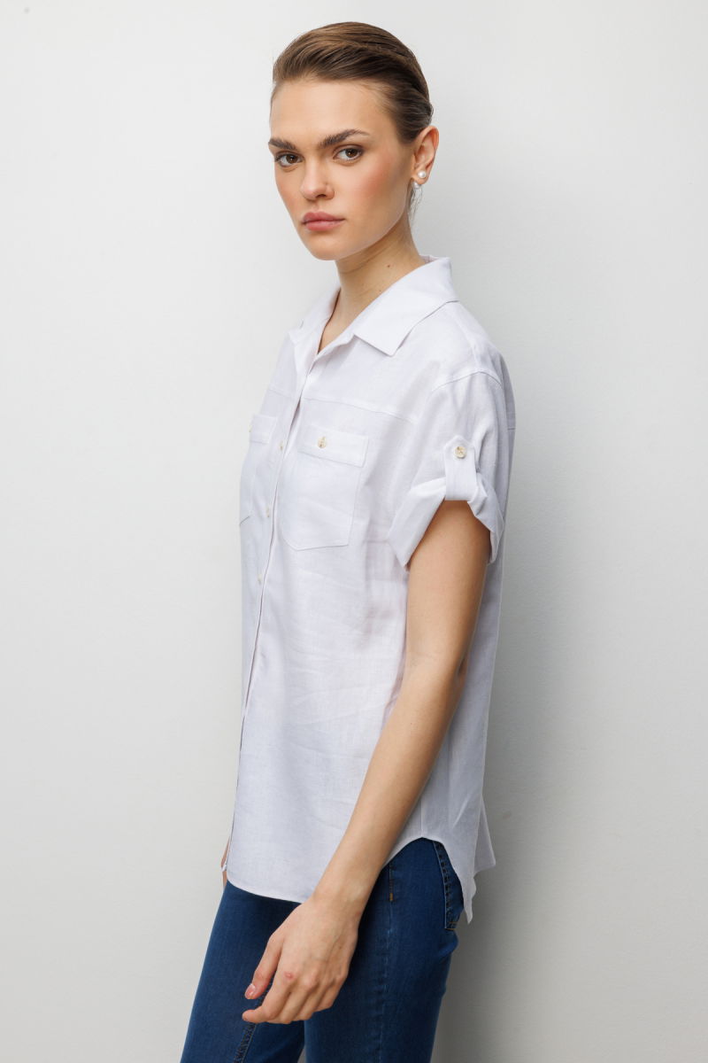 Ekol Kadın Kolu Katlamalı Keten Gömlek 2024 Ekru - 2