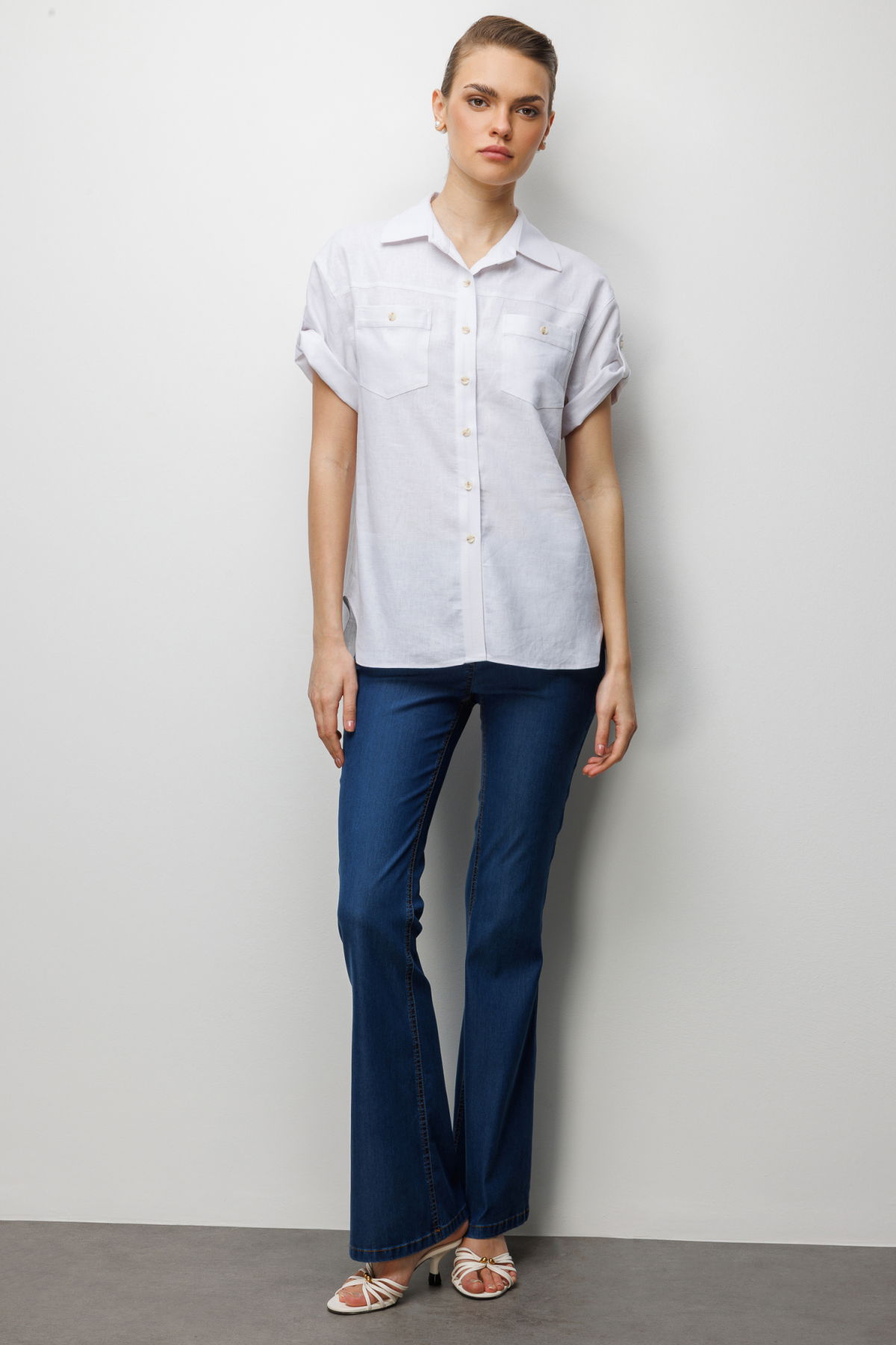 Ekol Kadın Kolu Katlamalı Keten Gömlek 2024 Ekru - 3