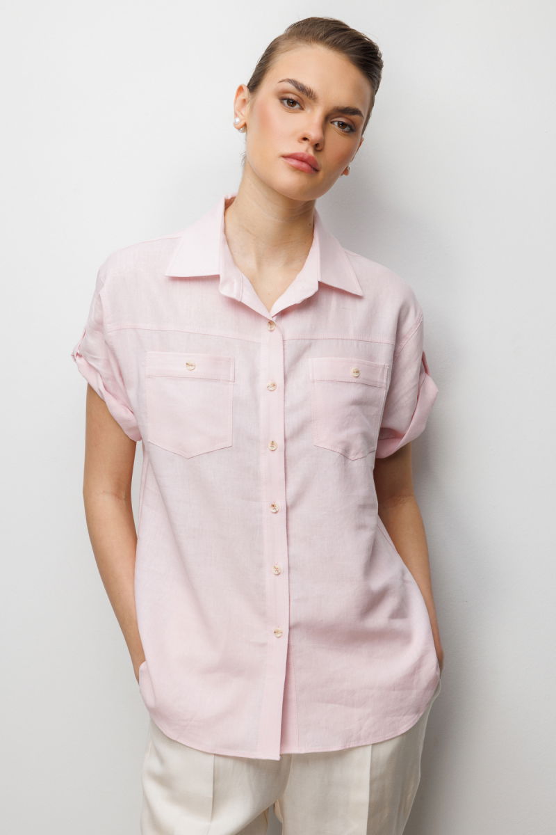 Ekol Kadın Kolu Katlamalı Keten Gömlek 2024 Pembe - Ekol