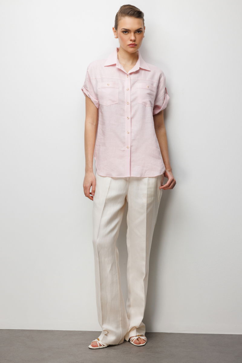 Ekol Kadın Kolu Katlamalı Keten Gömlek 2024 Pembe - 3