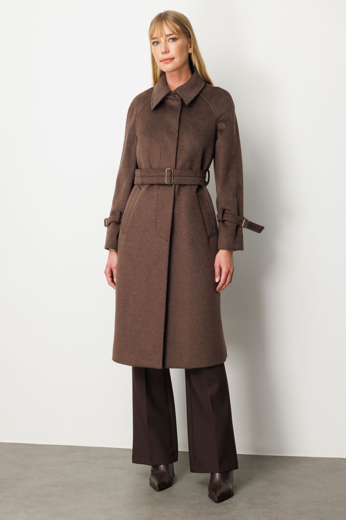 Ekol Kadın Kolu ve Beli Kemerli Kaşe Kaban 6057 Kahverengi - 1