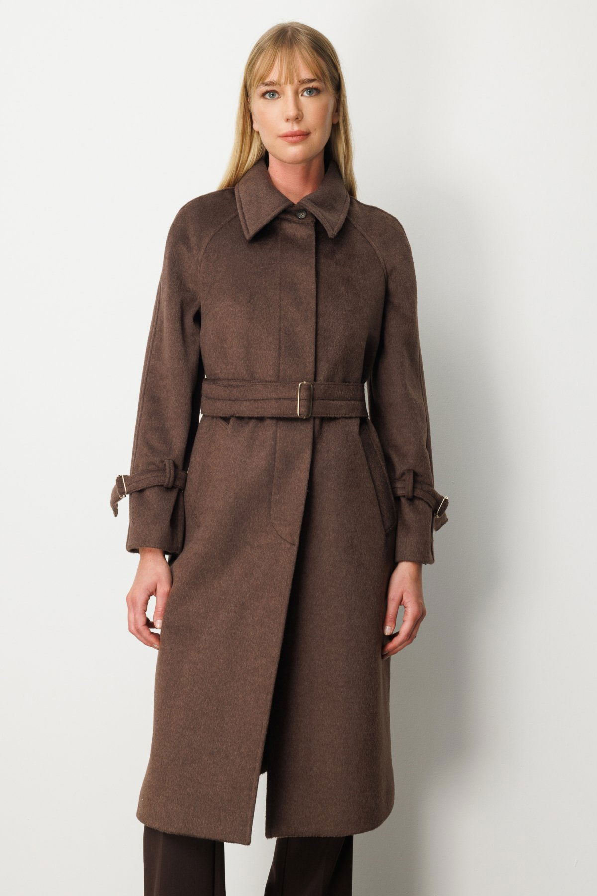 Ekol Kadın Kolu ve Beli Kemerli Kaşe Kaban 6057 Kahverengi - 2